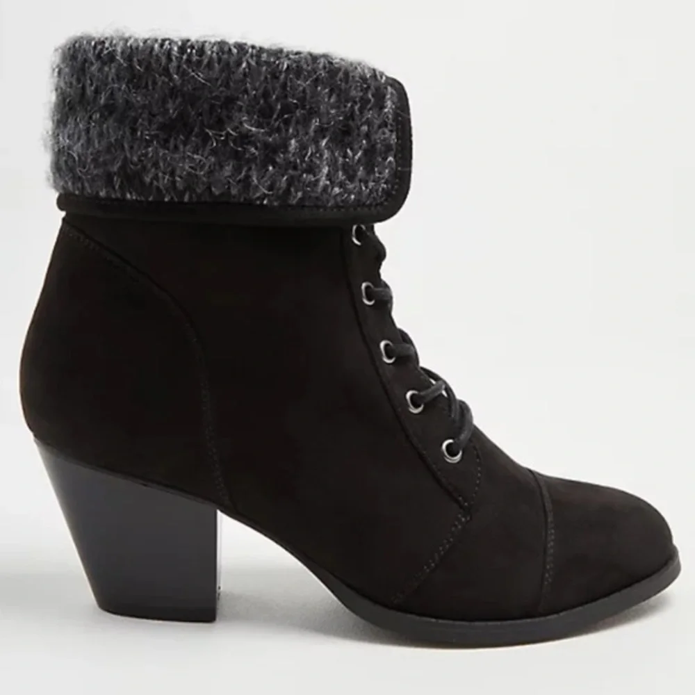 SWEATER HEEL BOOTIE - BLACK FAUX SUEDE in size 12 wide width